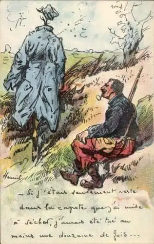 Künstler Ak Rauchender Soldat, Trick, Uniform am Stock gehängt