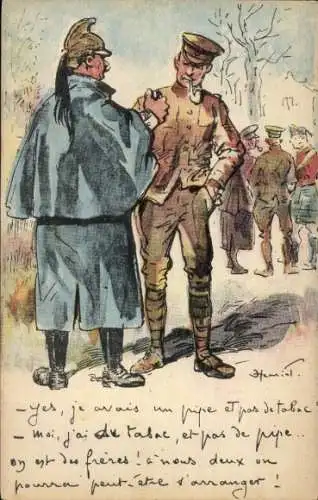 Künstler Ak Zwei Soldaten im Gespräch, Pfeife, Feuerzeug