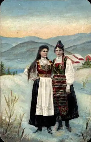Ak Norwegen, zwei Frauen in norwegischer Tracht