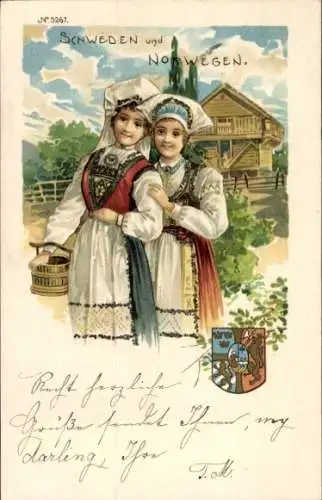 Litho Schweden und Norwegen, zwei junge Frauen in Trachten, Wappen