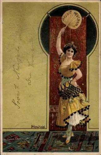 Künstler Ak Mailick, Fröhliches Neujahr, Dame in gelbem Kleid, Fächer