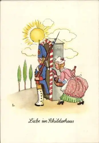 Künstler Ak Liebe im Schilderhaus, Wachsoldat, Frau mit Liebesgaben