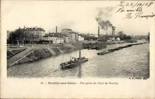 Ak Neuilly sur Seine Hauts de Seine, Vue prise du Pont de Neuilly, Dampfer