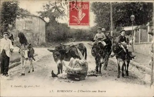 Ak Robinson Hauts de Seine, L'Omelette sans Beurre, Kinder reiten auf Esel, Frau fällt vom Esel