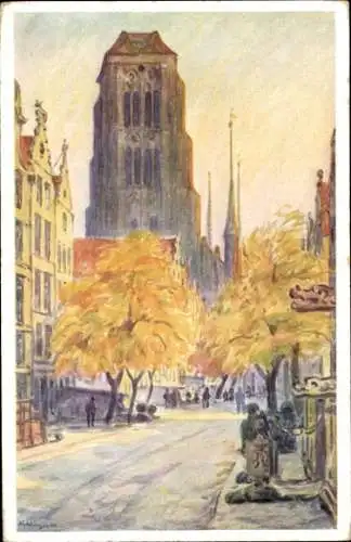 Ak Gdańsk Danzig, St. Marien Kirche, Jopengaffe, alte Bäume, Stadtansicht