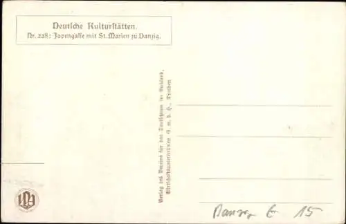 Ak Gdańsk Danzig, St. Marien Kirche, Jopengaffe, alte Bäume, Stadtansicht