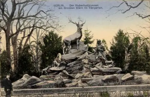 Ak Berlin Tiergarten, Hubertusbrunnen, Großer Stern, Tiergarten, Statue von Reh und Jäger