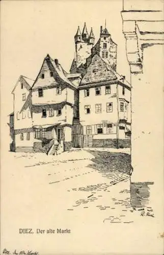 Künstler Ak Diez an der Lahn, Der alte Markt, alte Häuser, historische Gebäude, Zeichnung