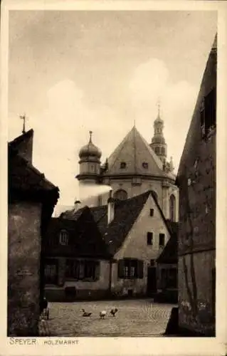 Ak Speyer am Rhein, Holzmarkt, Kirche im Hintergrund, alte Gebäude, Enten