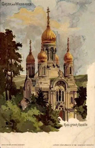 Ak Wiesbaden in Hessen, Goldene Kuppeln, Russisch-griechische Kapelle, Landschaft, Malerei