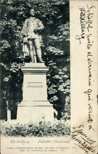 Ak Heidelberg am Neckar, Schäffel-Denkmal, Statue, Schriftzug in Französisch, Postkarte