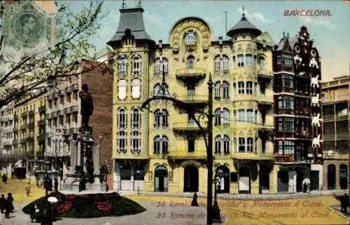 Ak Barcelona Katalonien Spanien, Historische Architektur, Monumento al Clavé, Bäume, Postkarte...