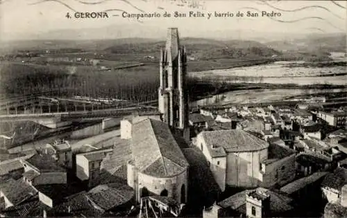 Ak Gerona Girona Katalonien, Campanario de San Felix, barrio de San Pedro, Stadtansicht, histo...
