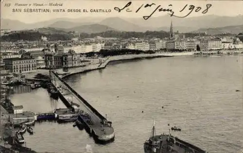 Ak Donostia San Sebastian Baskenland,  Stadtansicht, vom Castillo aus, Meer, Hafen