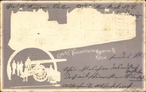 Ak Köln am Rhein, Postkarte mit Kanone, Fussartillerie Kaserne, Silhouette von Gebäuden
