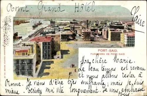 Ak Port Said Ägypten, Panorama von  Corme Grand Hotel, Hafenansicht