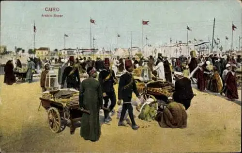 Ak Cairo Kairo Ägypten, Arabischer Basar, Menschenmenge, Karren, Flaggen