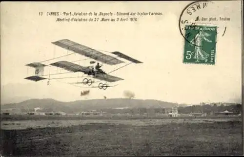 CPA Cannes, Aviation, Edmond sur biplan Farman, Meeting d'Aviation 1910