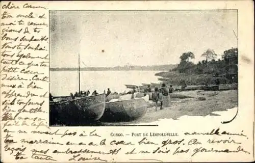 Ak Kinshasa Léopoldville DR Kongo Zaire, Kanu im Hafen, Bäume im Hintergrund, Postkarte aus de...