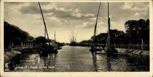 Ak Ismailia Ägypten, Fresh Water Canal, Boote, Landschaft, Wolken