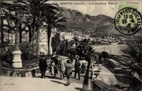 Ak Monte Carlo Monaco, Vorderansicht der Gärten, Menschen, Palmen, Berglandschaft