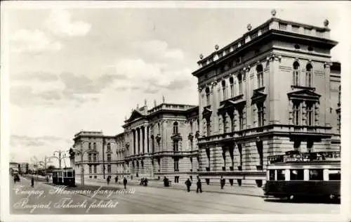 Ak Beograd Belgrad Serbien, Technische Fakultät,  Architektur, Straßenbahn