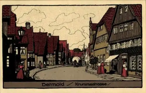 Ak Detmold am Teutoburger Wald, Historische Straße, Fachwerkhäuser, Menschen, Wolken, Detailreich
