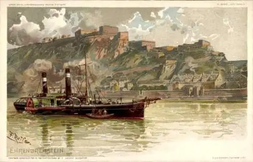Ak Ehrenbreitstein Koblenz am Rhein, Dampfschiff, Uferansicht, Burg Ehrenbreitstein