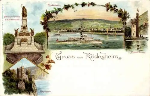 Ak Rüdesheim am Rhein, Nationaldenkmal, Rheinfelsen, Schiffe, Mausethurm