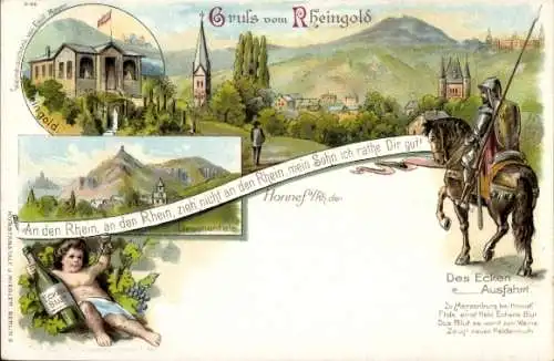 Ak Bad Honnef am Rhein, Rheinlandschaft, Ritter zu Pferd, Drachenfels, grüne Natur