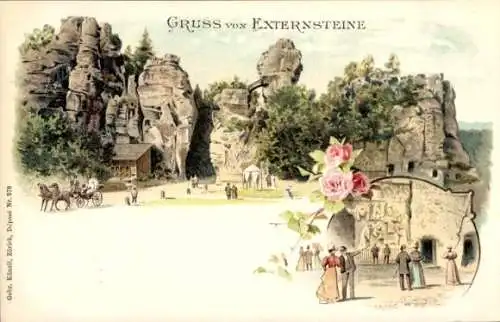 Ak Holzhausen Externsteine Horn Bad Meinberg am Teutoburger Wald, Felsformation, Menschen, Gebäud