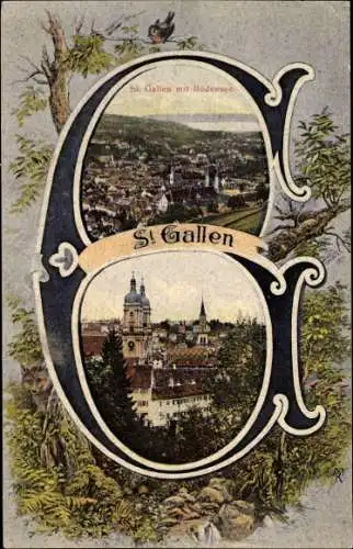 Buchstaben Ak Sankt Gallen Stadt Schweiz, Buchstabe G, Gesamtansicht mit Bodensee