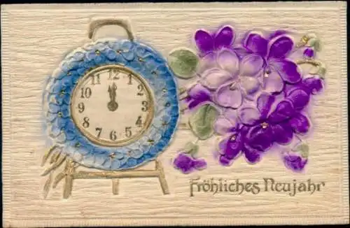 Ak Glückwunsch Neujahr, Uhr, Blumen