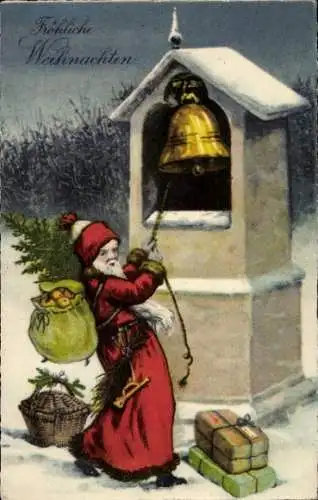Ak Glückwunsch Weihnachten, Weihnachtsmann, Glocke, Geschenke