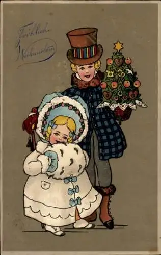 Ak Glückwunsch Neujahr, Kinder, Tannenbaum, Muff