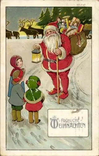 Ak Glückwunsch Weihnachten, Weihnachtsmann, Kinder, Geschenke