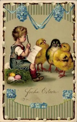 Präge Ak Glückwunsch Ostern, Kind, Küken, Weidenkätzchen, Vergissmeinnicht