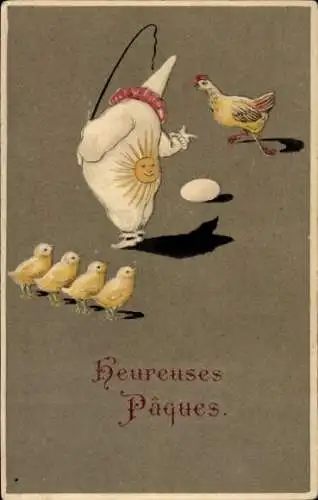 Präge Ak Glückwunsch Ostern, Mensch in Kostüm, Henne, Küken