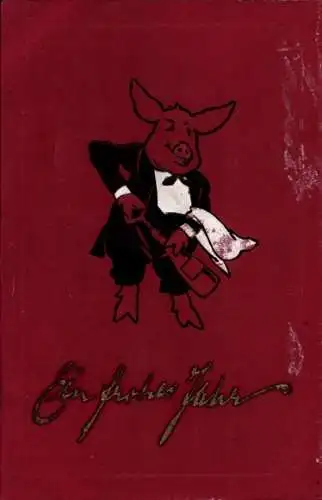 Ak Glückwunsch Neujahr, Schwein, Sektflasche