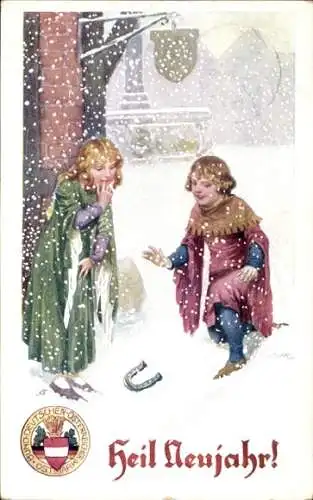 Künstler Ak Glückwunsch Neujahr, Kinder, Hufeisen, Bund deutscher Österreicher