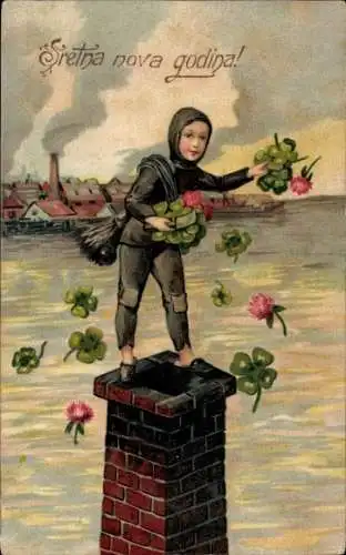 Präge Ak Glückwunsch Neujahr, Schornsteinfeger, Glücksklee