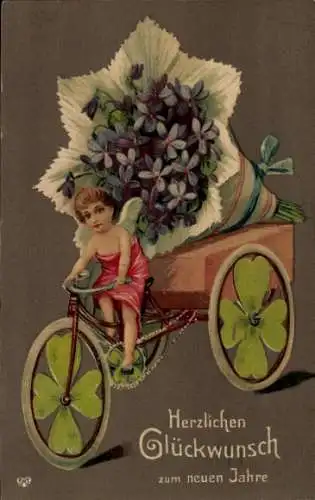 Präge Ak Glückwunsch Neujahr, Veilchen, Fahrrad, Glücksklee