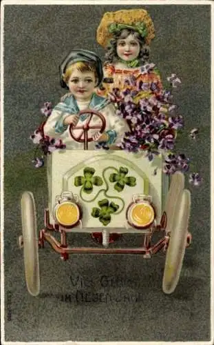Präge Ak Glückwunsch Neujahr, Kinder im Auto, Kleeblätter, Veilchen