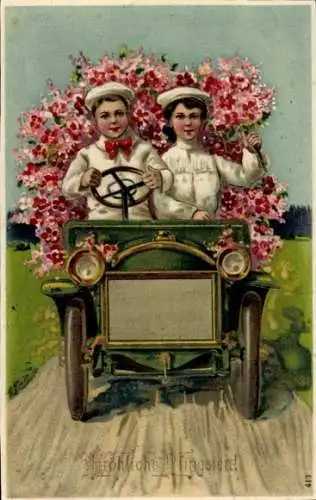 Präge Ak Glückwunsch Pfingsten, Kinder im Auto, Blumen