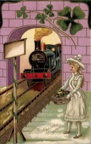 Präge Ak Glückwunsch Pfingsten, Mädchen, Eisenbahn, Glücksklee