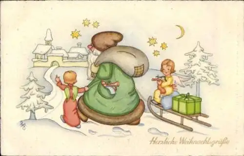 Ak Glückwunsch Weihnachten, Weihnachtsmann, Engel, Schlitten