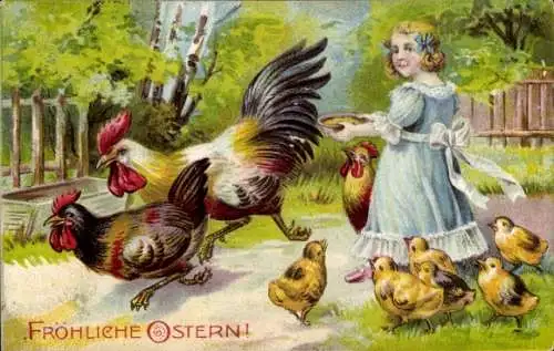 Präge Ak Glückwunsch Ostern, Mädchen, Küken, Hühner