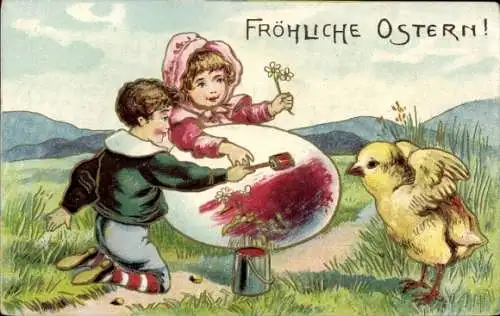 Präge Ak Glückwunsch Ostern, Kinder bemalen Ostereier, Küken