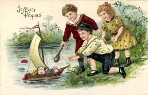 Präge Litho Glückwunsch Ostern, Joyeuses Paques, Kinder, Ostereier in Spielzeugboot