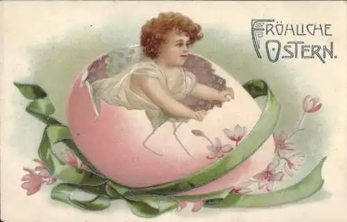 Präge Ak Glückwunsch Ostern, Kind im Osterei, Blumen